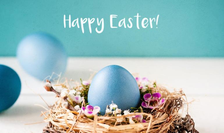 Blaues Ei im Nest mit Blumen, Frohe Ostern.
